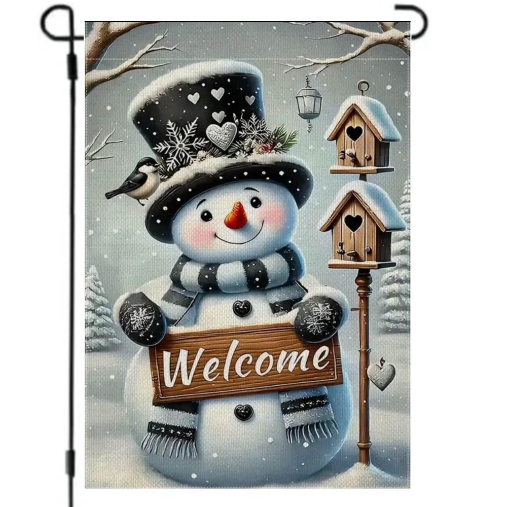 Garden Flag, 12” x 18”, Welcome Winter snowman burlap polyester double-sided